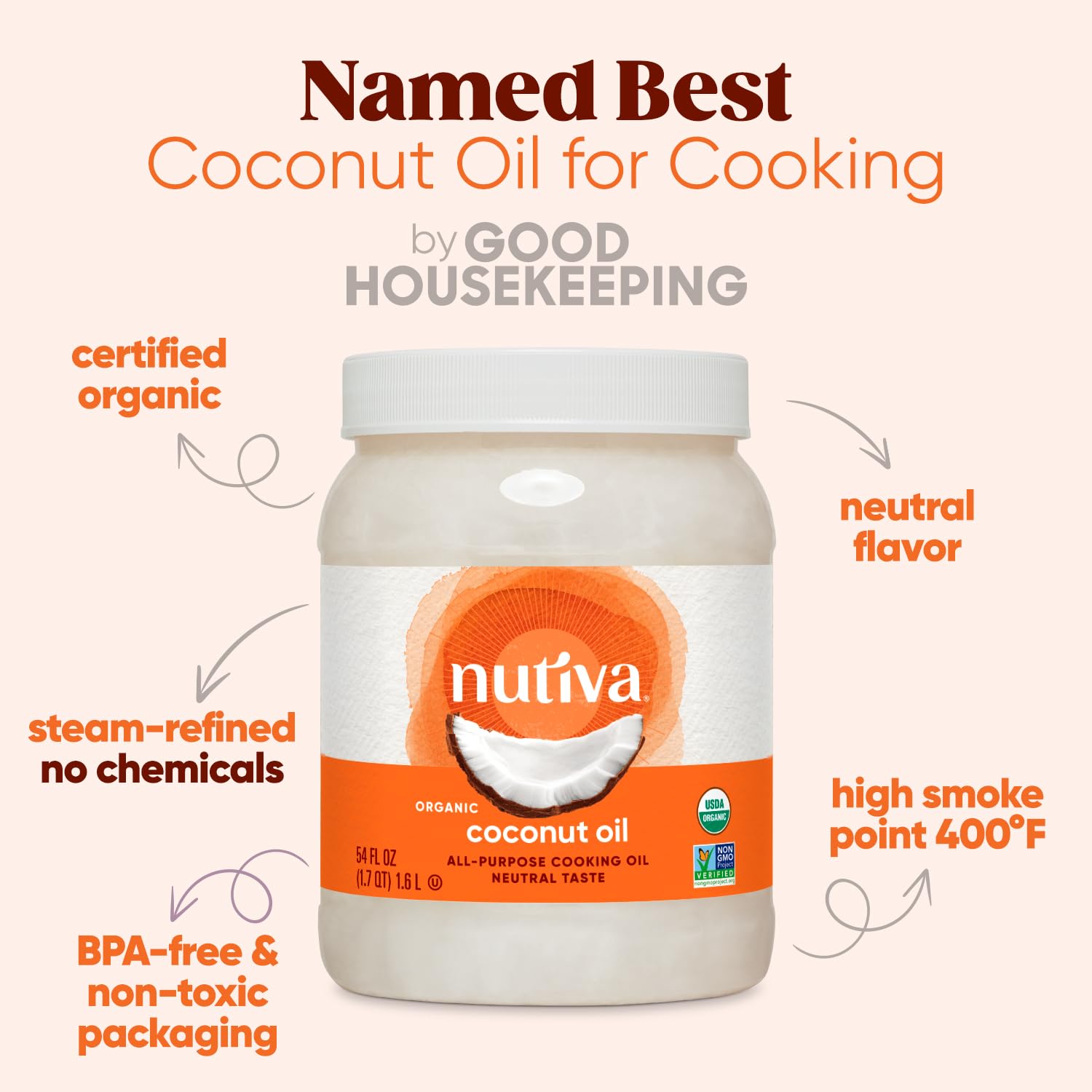 Nutiva Organic Steam-Refined Coconut Oil, 54 Fl Oz, USDA Organic, Non-GMO, Vegan, Keto, Paleo, Neutral Flavor and Aroma for Cooking & Natural Moisturizer for Skin and Hair