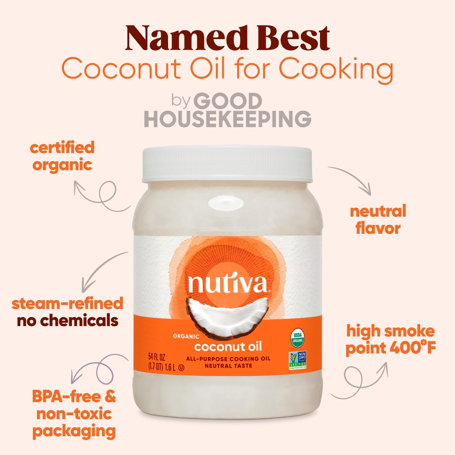 Nutiva Organic Steam-Refined Coconut Oil, 54 Fl Oz, Usda Organic, Non-Gmo, Vegan, Keto, Paleo, Neutral Flavor And Aroma For Cooking & Natural Moisturizer For Skin And Hair