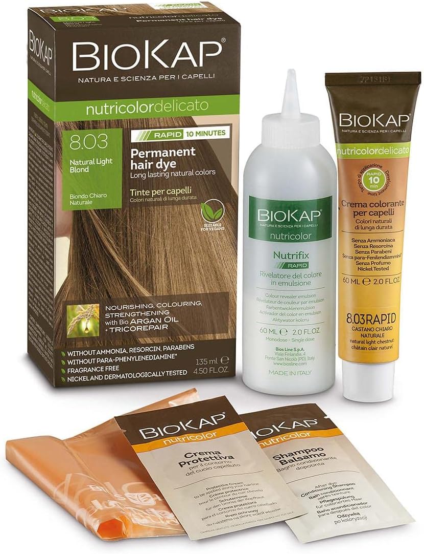 Biokap Natural Light Blond 8.03 Rapid Hair Dye 135 Ml - Works In Just 10 Mins, Permanent, Vegan & Natural Nourishing Formula Suitable For Sensitive Skin…