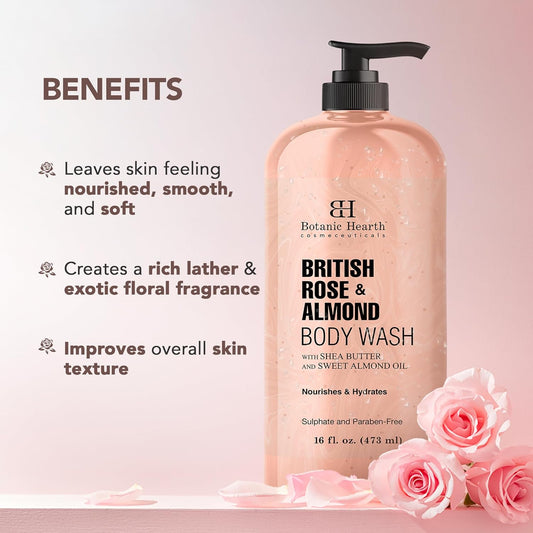 Botanic Hearth British Rose & Almond Body Wash | Shower Gel | 16 Fl Oz With Shea Butter | Moisturizing Body Wash Shower Gel For Softer, Smoother Skin | Sulfate & Paraben Free