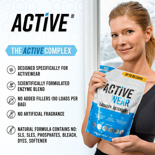 Active Wear Laundry Detergent & Soak - Formulated For Sweat And Workout Clothes - Natural Performance Concentrate Enzyme Booster Deodorizer - Powder Wash For Activewear Gym Apparel (90 Loads)