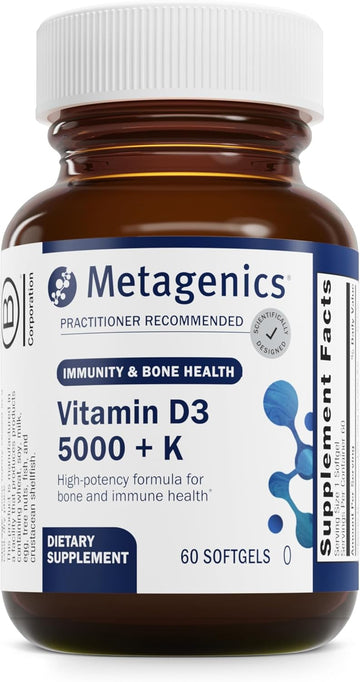 Metagenics Vitamin D3 + K - For Immune Support, Bone Health & Heart Health* - Vitamin D With Mk-7 (Vitamin K2) - Non-Gmo - Gluten-Free - 60 Softgels - 5,000 Iu