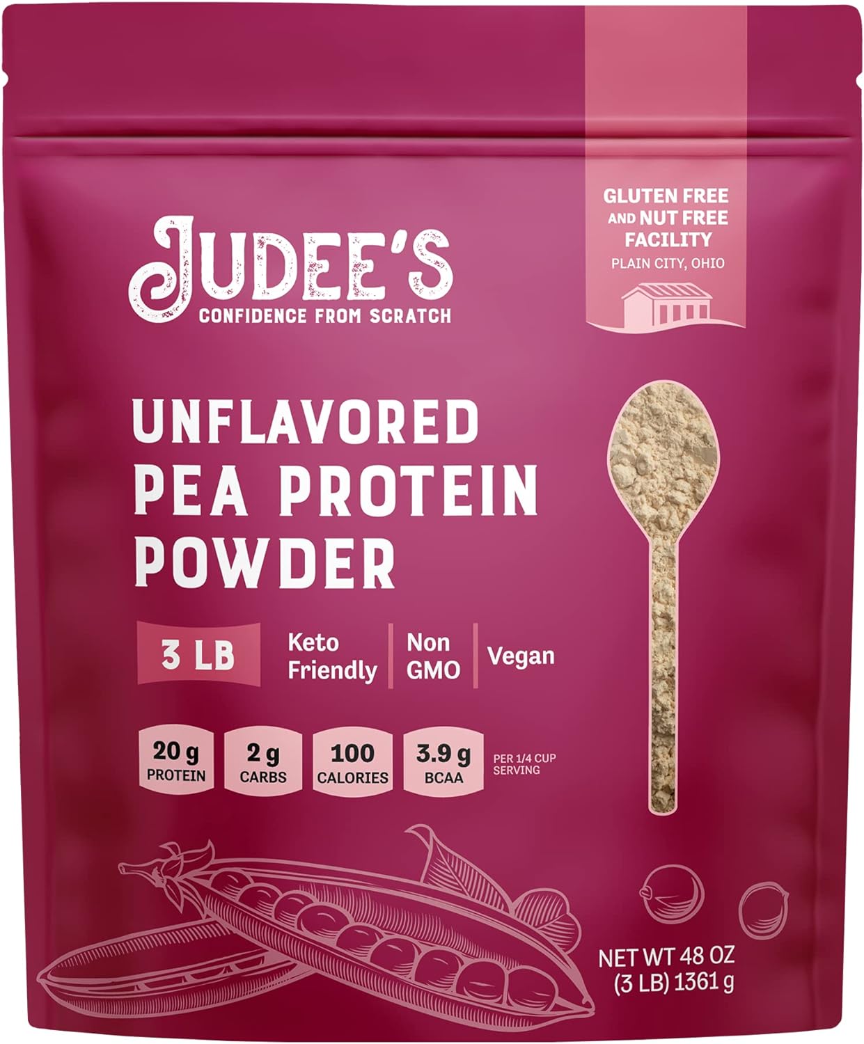 Judee?s Unflavored Pea Protein Powder (80% Protein) 3 lb - 100% Non-GMO, Keto-Friendly, Vegan - Dairy-Free, Soy-Free, Gluten-Free and Nut-Free - Easily Dissolve in Liquids