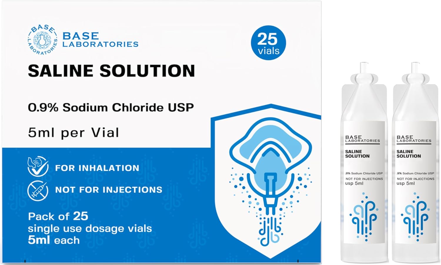 Base Laboratories 0.9% Saline Solution For Nebulizer Machine | Saline Solution For Inhalation & Nasal Irrigation | 0.9% Concentration L 25 Vials 5Ml Unit Dose