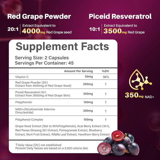 Piceid Resveratrol Supplement And Nad+ Cell Regenerator, Nitric Oxide Supplement, Support Heart Health, Blood Flow, Cellular Energy Production & Metabolism, Red Grape Powder, 45 Day Supply