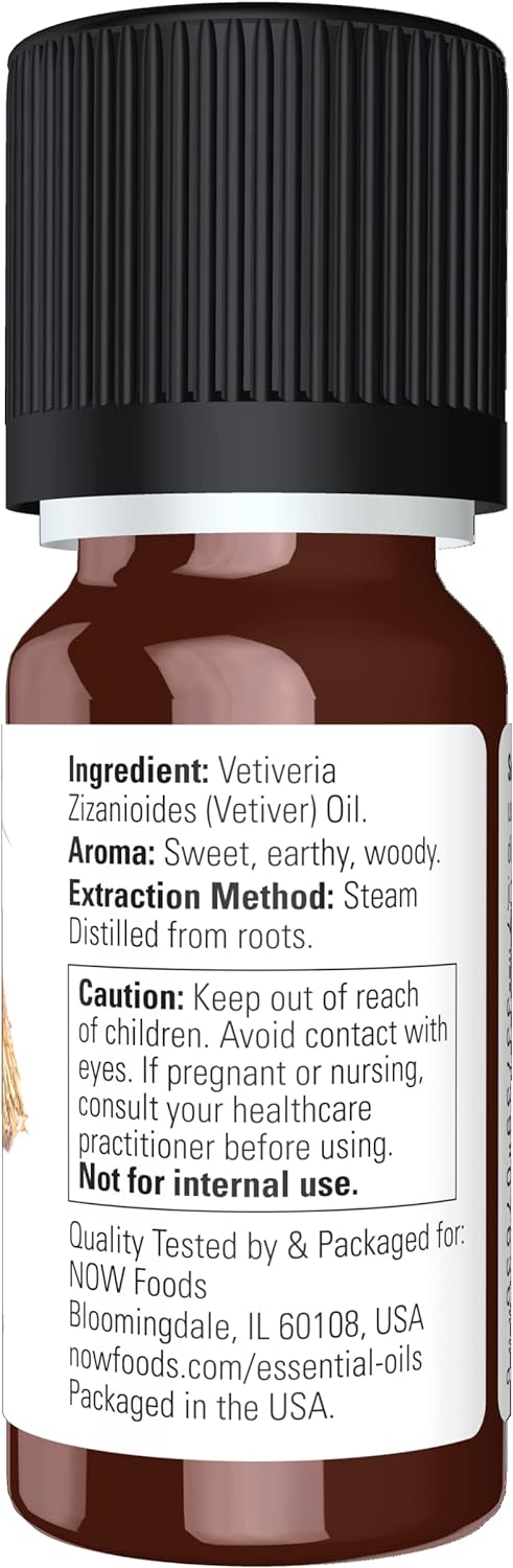 Now Essential Oils, Vetiver Oil, Woodsy Aromatherapy Scent, Steam Distilled, 100% Pure, Child Resistant Cap, 10-Ml
