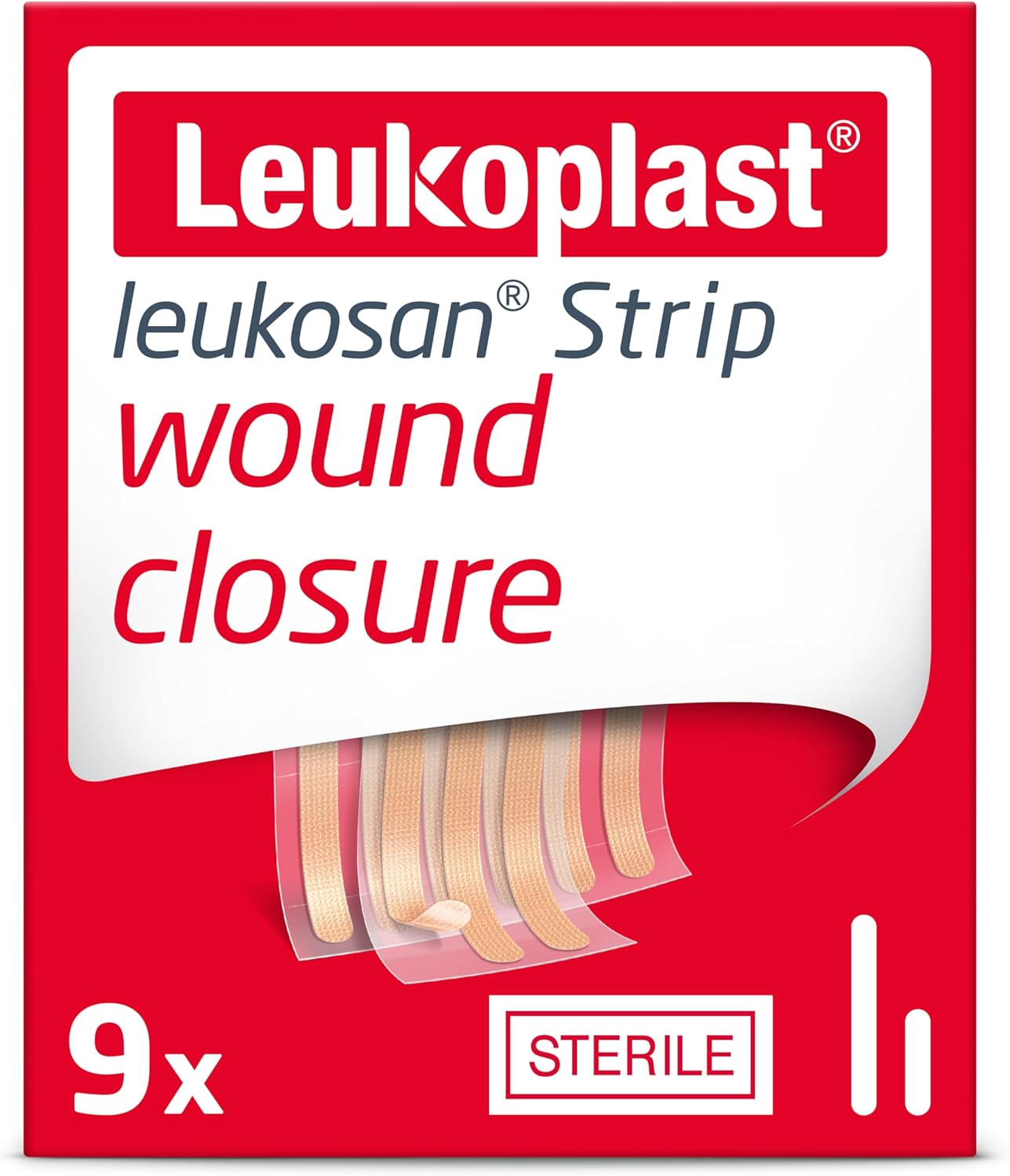 Leukoplast Leukosan Strip - Sterile Wound Closure Strips With Rounded Edges - Flexible And Breathable, First-Aid Plasters For Superficial Cuts And Incisions - Tan - 2 Assorted Sizes - Box Of 9