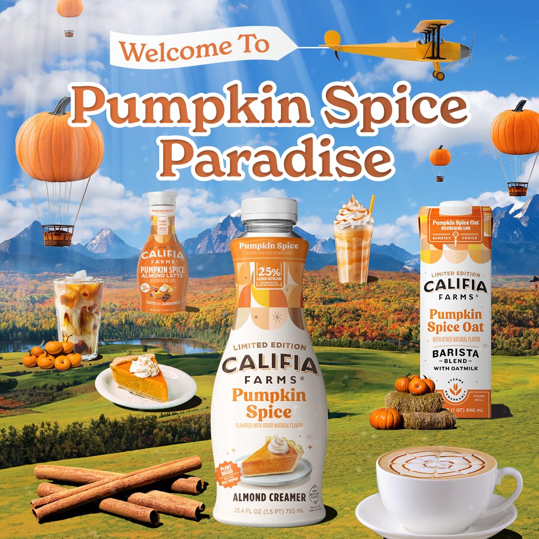 Califia Farms - Pumpkin Spice Oat Barista Blend Oat Milk, 32 Oz, Shelf Stable, Dairy Free, Plant Based, Vegan, Gluten Free, Non Gmo, High Calcium, Milk Frother, Creamer, Oatmilk