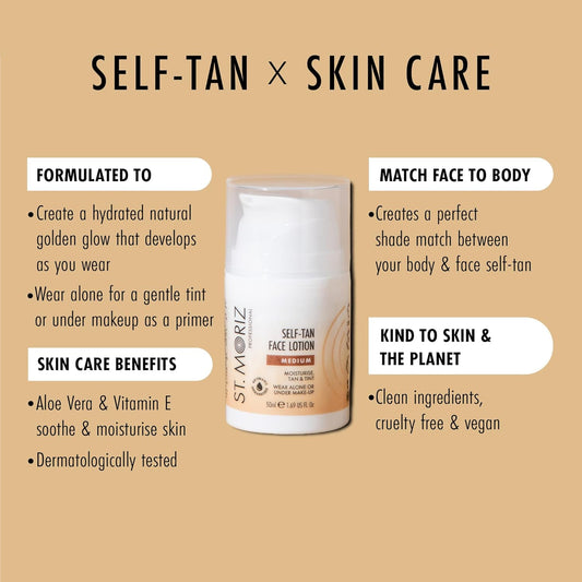 St Moriz Professional Medium Self Tan Face Lotion | With Aloe Vera & Vitamin E For Gradual Face Tan & Natural Glow | Vegan Fake Tan For Face | Wear Alone Or Under Makeup | No Wash Off Required | 50Ml