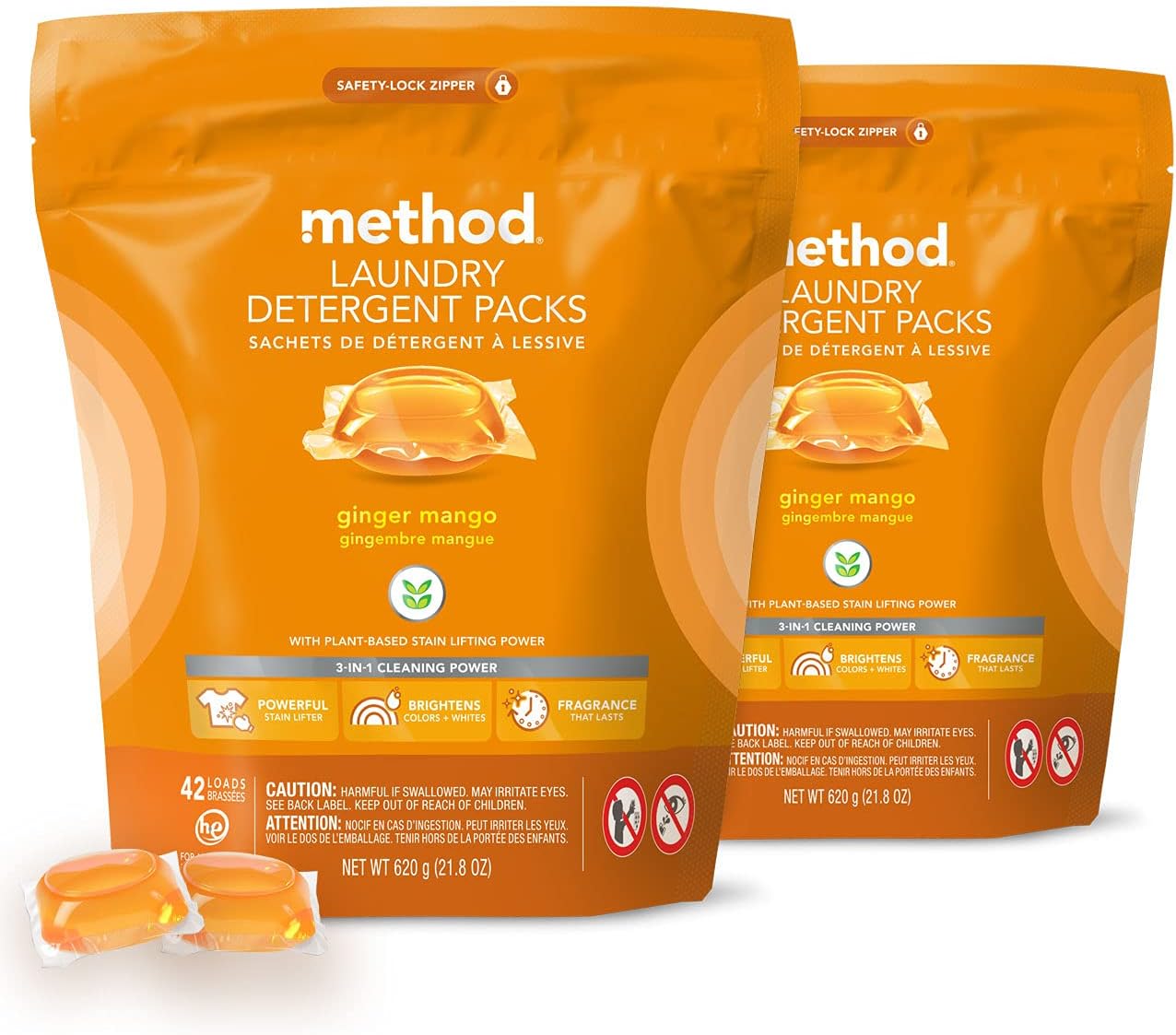 Method Laundry Detergent Packs; Ginger Mango Scent; Plant-Based Stain Remover Solution that Works in Hot & Cold Water; 42 Packs per Bag; 2 Pack (84 Loads); Packaging May Vary