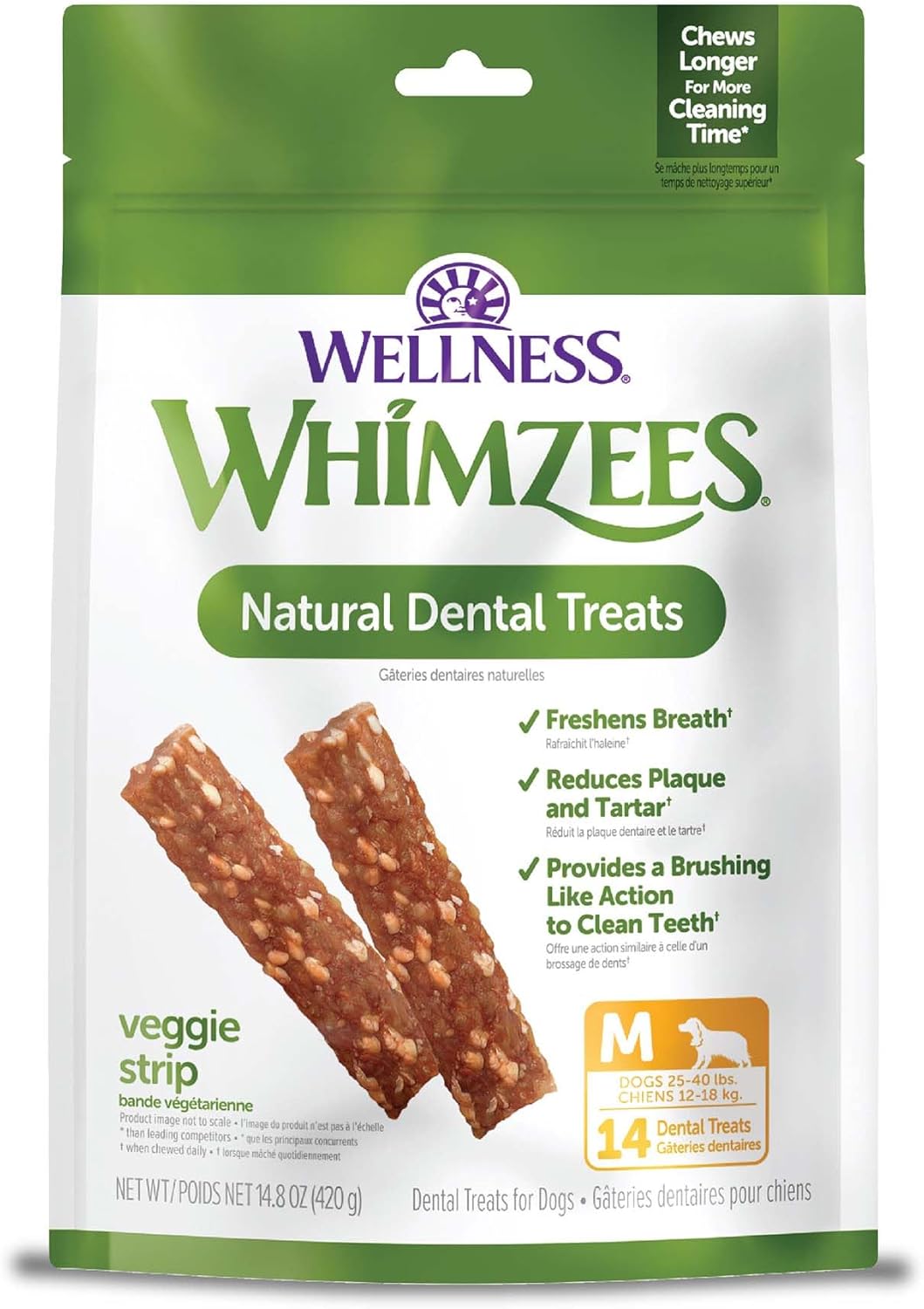 Whimzees By Wellness Veggie Strip Natural Dental Chews For Dogs, Long Lasting Treats, Grain-Free, Freshens Breath, Medium Breed, 14 Count