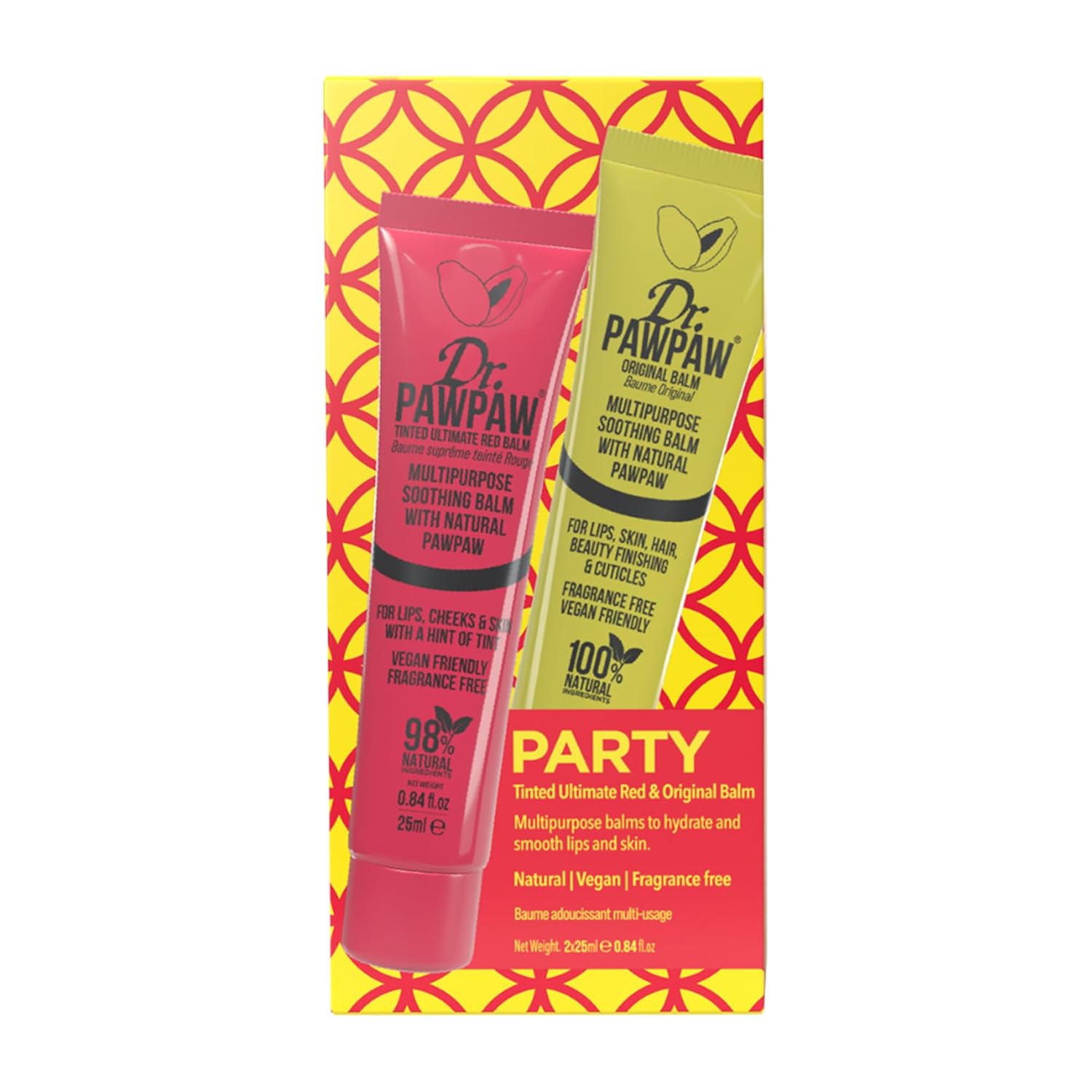 Dr. Pawpaw Party Set - Multipurpose, Soothing And Tinted, Hydrating Lip Balm Giftset - Ultimate Red And Original Balm - Gluten Free - 2 Pc