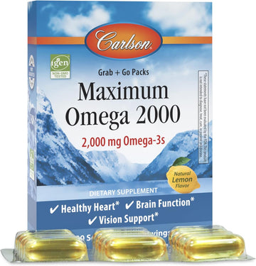 Carlson - Maximum Omega 2000 Grab + Go Packs, 2000 mg Omega-3s, Wild-Caught, Norwegian Fish Oil Supplement, Sustainably Sourced Fish Oil Capsules, Lemon, 30 Softgel Pack