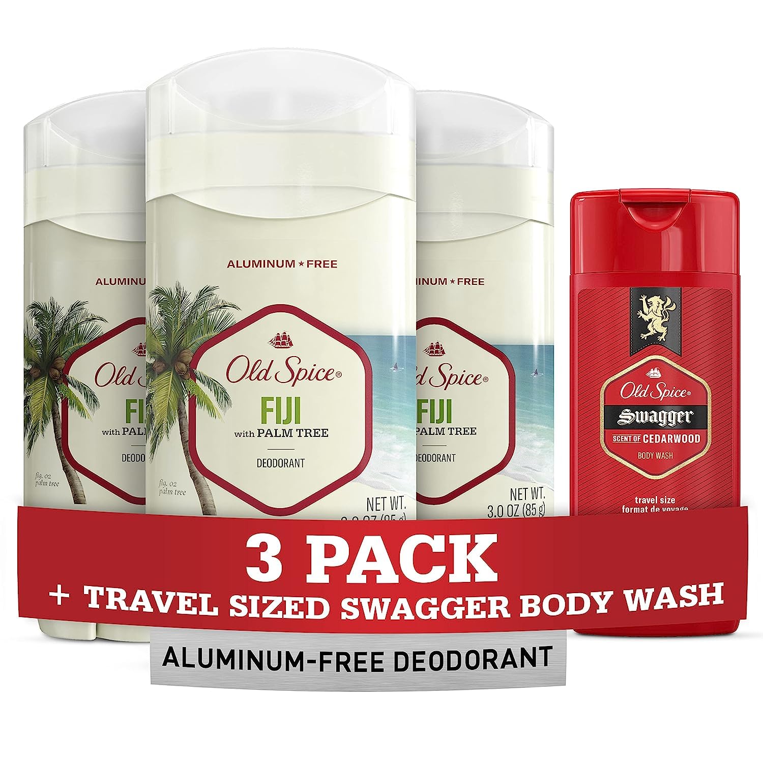 Old Spice Men'S Deodorant Aluminum-Free Fiji With Palm Tree, 3Oz (Pack Of 3) With Travel-Size Swagger Body Wash