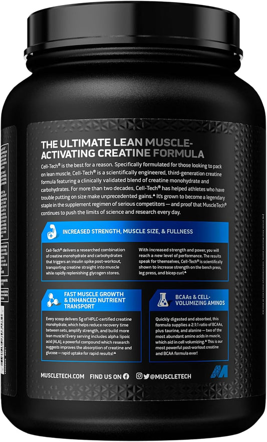 Creatine Monohydrate Powder Muscletech Cell-Tech Creatine Post Workout Recovery Drink Muscle Builder For Men & Women Muscle Building Supplements Fruit Punch, 3 Lbs (27 Serv)