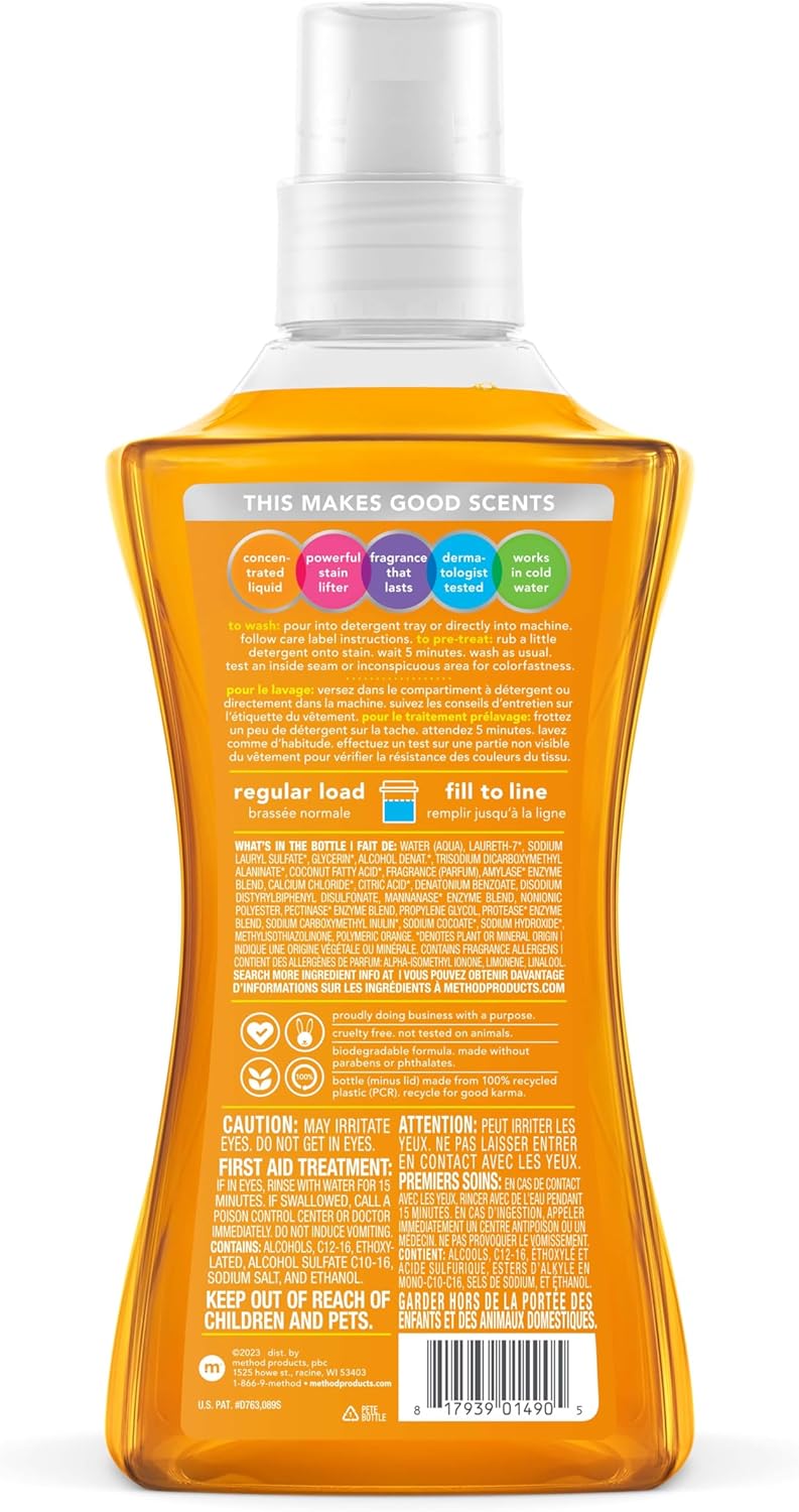 Method Liquid Laundry Detergent, Ginger Mango, 66 Loads Per Bottle, Hypoallergenic + Biodegradable Formula, Plant-Based Stain Remover, 53.5 Fl Oz (Pack of 1) : Health & Household