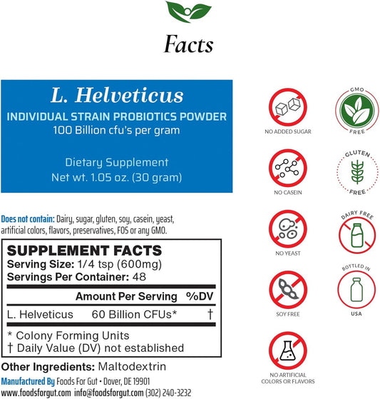 Lactobacillus Helveticus Probiotic Powder 100 Billion Cfu'S | No Additives | Digestive & Immune Support | High Potency | L. Helveticus | 30 Grams (1.05 Oz)