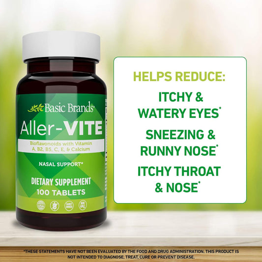 Basic Brands Aller-Vite - Natural Allergy Relief Tablets - Homeopathic Sinus & Nasal Support with Bioflavonoids, Vitamins A, B2, B5, C, E & Calcium - 100 Vegan Tablets - 2-Pack