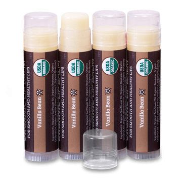 USDA Organic Lip Balm 4-Pack by Earth's Daughter - Vanilla Flavor, Beeswax, Coconut Oil, Vitamin E - Best Lip Repair Chapstick for Dry Cracked Lips