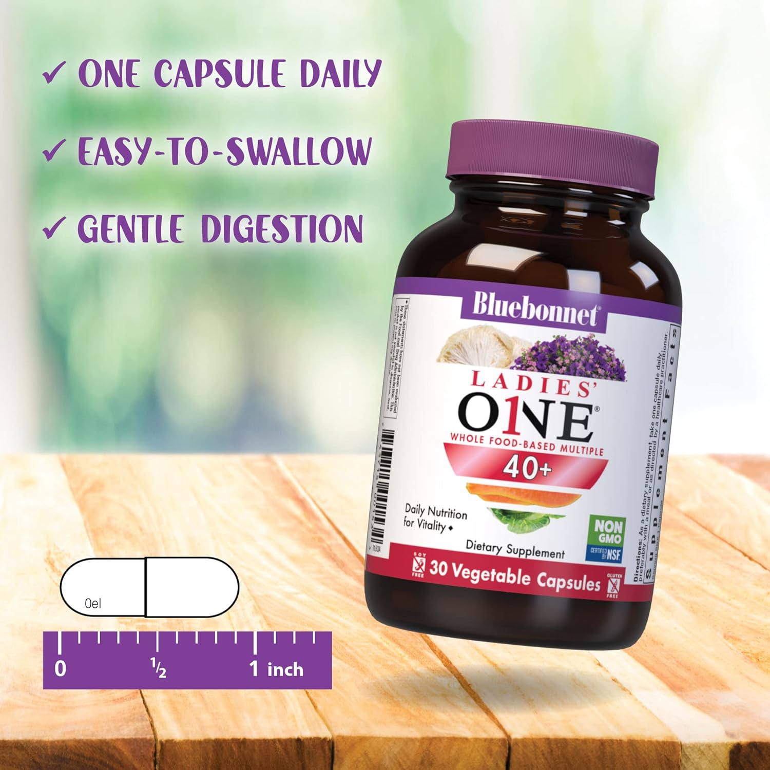 Bluebonnet Nutrition Ladies’ One 40+ Whole Food-Bed Multiple, Women Multivitamin For Women 40+, Soy-Free, Non-Gmo, Gluten Free, 30 Vegetable Capsules, 30 Servings