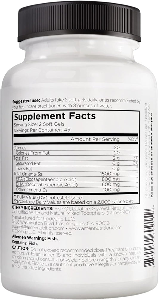 Omega-3 Supplement - 1500mg High-Potency Daily Omega 3 - EPA and DHA Fatty Acids Fish Oil - 45-Day Supply - Heart Health, Immune, Brain, Cognition, Memory Support Vitamins - 90 Soft Gels Capsules