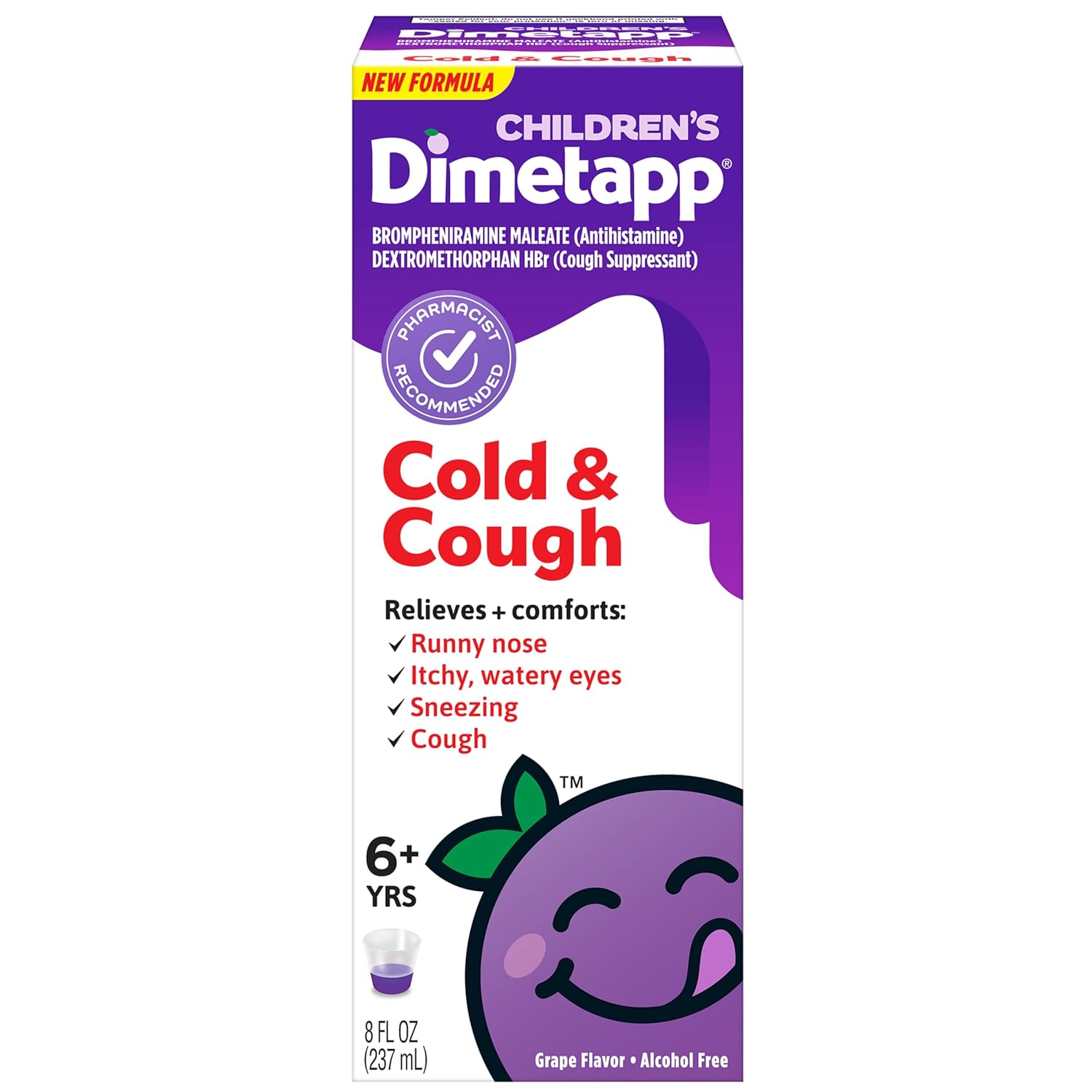 Children’S Dimetapp Cold & Cough Medicine, Antihistamine, Runny Nose, Sneezing, Itchy, Watery Eyes, Grape Flavor, Alcohol & Phenylephrine-Free, 8 Fl Oz