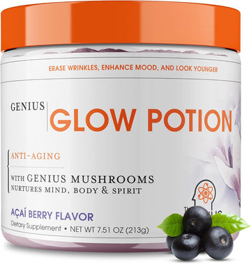 Genius Glow Potion, Anti-Aging Supplement, Acai Berry Powder - Beauty Supplements For Glowing Skin With Genius Mushrooms - All-In-One Wrinkle, Fine Line, Dark Spot Remover & Boosts Skin Repair