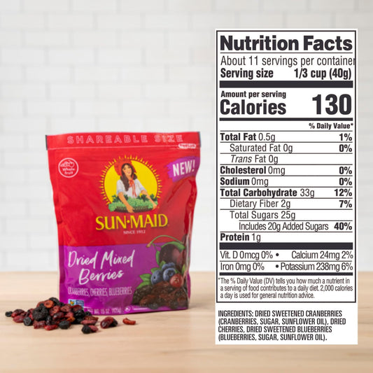 Sun-Maid Dried Mixed Berries - 15 oz Resealable Bag - Cranberries, Cherries, and Blueberries - Dried Fruit Snack for Lunches, Snacks, and Natural Sweeteners