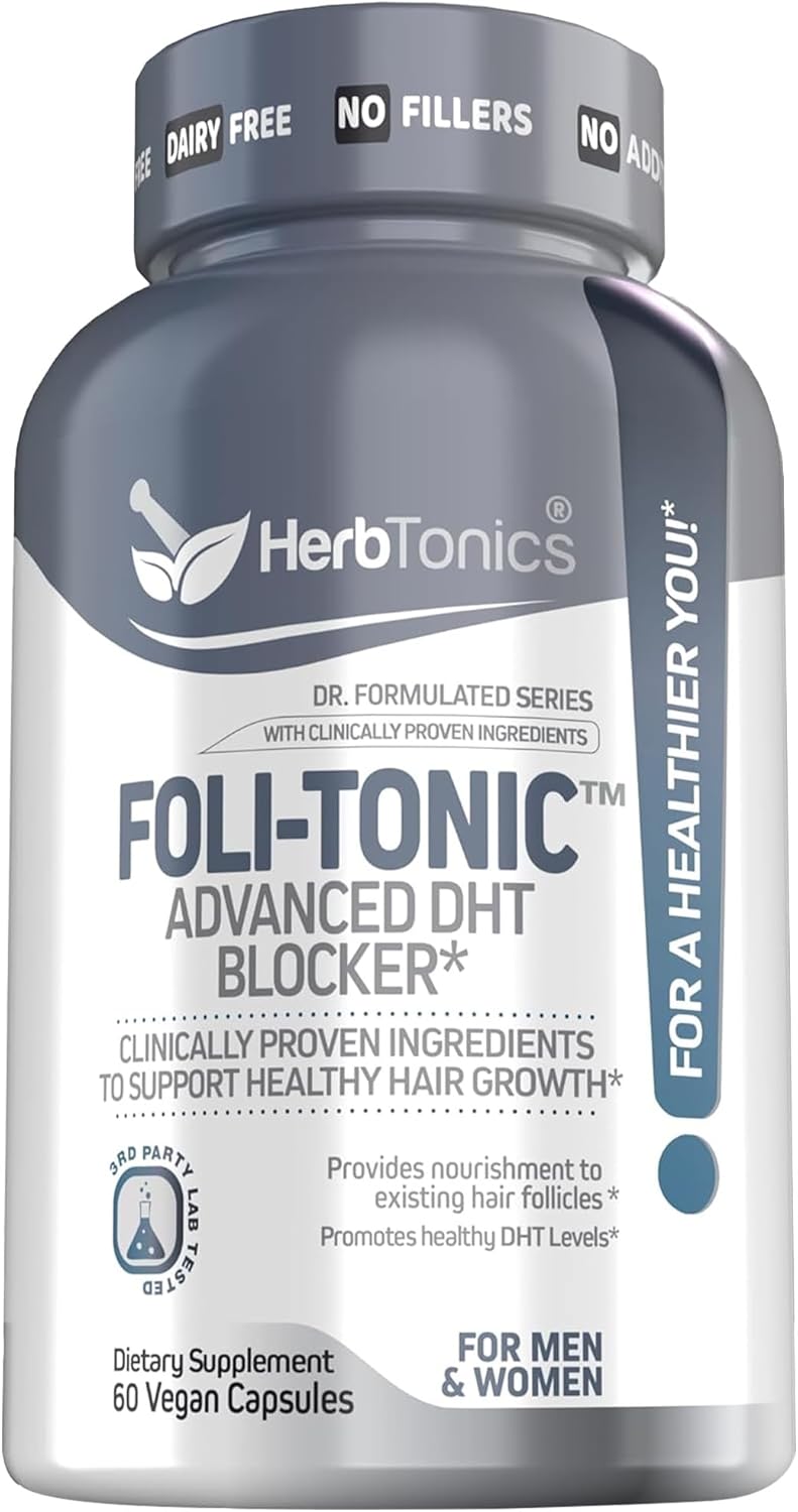 Hair Growth Vitamins For Women & Men | Dht Blocker With Saw Palmetto & 10000Mcg Biotin, Foli Tonic Hair Growth Supplement – Supports Fuller, Thicker Hair Appearance, Non-Gmo, 60 Vegan Capsules