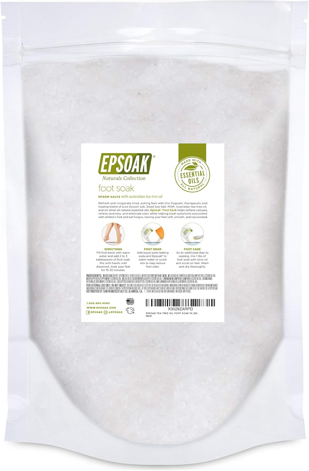 Tea Tree Oil Foot Soak with Epsoak Epsom Salt - 19 lb. Bulk Bag - Fight Athlete's Foot and Unpleasant Foot Odor - Made in USA : Beauty & Personal Care