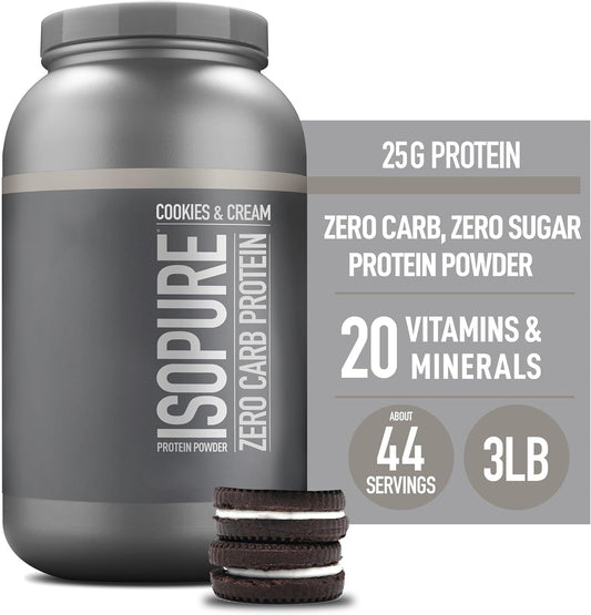 Isopure Protein Powder, Zero Carb Whey Isolate with Vitamin C & Zinc for Immune Support, 25g Protein, Keto Friendly, Cookies & Cream, 44 Servings, 3 Pounds (Packaging May Vary)