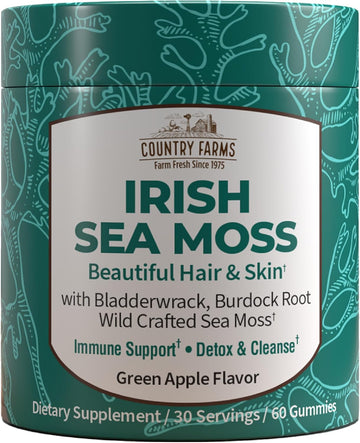 Country Farms Irish Sea Moss Gummies, 2000Mg Irish Moss, Burdock Root, Bladderwrack For Immune Support, Promotes Digestive Health, Skin And Hair Support, Pectin Based, Vegan, Gluten Free, Green Apple