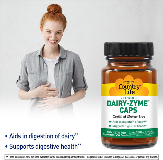 Country Life Dairy-Zyme - Digestive Enzymes For Dairy Relief - Lactase Enzyme Supplement For Lactose Intolerance - 6000 Lactase Units - Gluten-Free, Non-Gmo - 50 Vegan Capsules