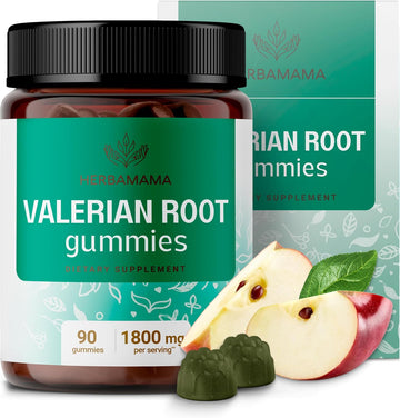 Herbamama Valerian Root Gummies - 1800 Mg Valerian Herbs For Relaxation & Calm Support - Vegan, Non-Gmo Calming Gummies For Adults - 90 Pectin-Based Apple-Flavored Chews