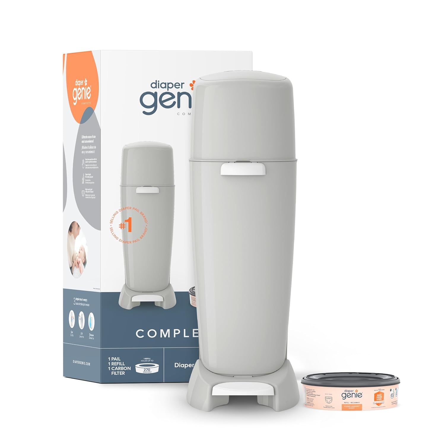 Playtex Diaper Genie Complete Pail With Built-In Odor Controlling Antimicrobial, Includes Pail & 1 Refill, Grey , 8.36 Pound