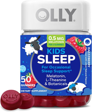 OLLY Kids Sleep Gummy, Occasional Sleep Support, 0.5mg Melatonin, L Theanine, Chamomile, and Lemon Balm, Childrens Chewable Supplement, Raspberry - 50 Count
