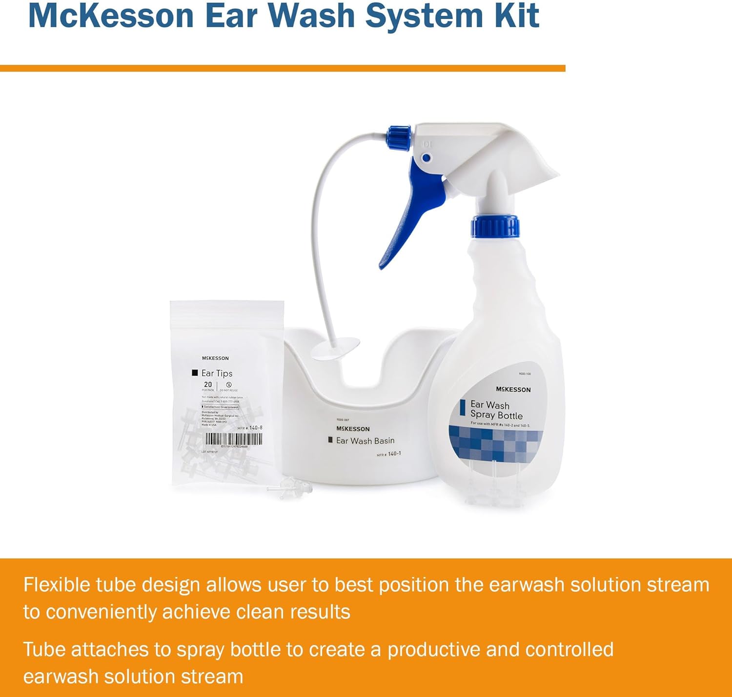 McKesson Ear Wash System Kit - Includes Spray Bottle, Flexible Tube, Ear Wash Basin, and Ear Tips - Blue and White, 16 oz Bottle, 1 Count, 1 Pack