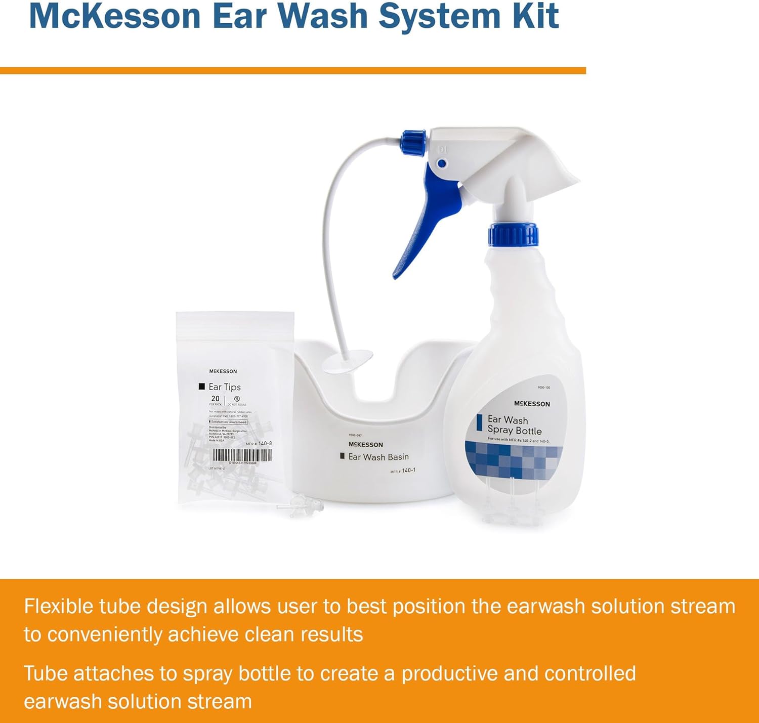 McKesson Ear Wash System Kit - Includes Spray Bottle, Flexible Tube, Ear Wash Basin, and Ear Tips - Blue and White, 16 oz Bottle, 1 Count, 1 Pack : Health & Household