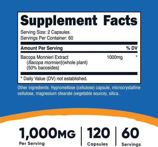 Nutricost Bacopa Monnieri 1,000mg, 120 Capsules (60 Servings) - Non-GMO, Gluten Free, and Vegetarian Friendly