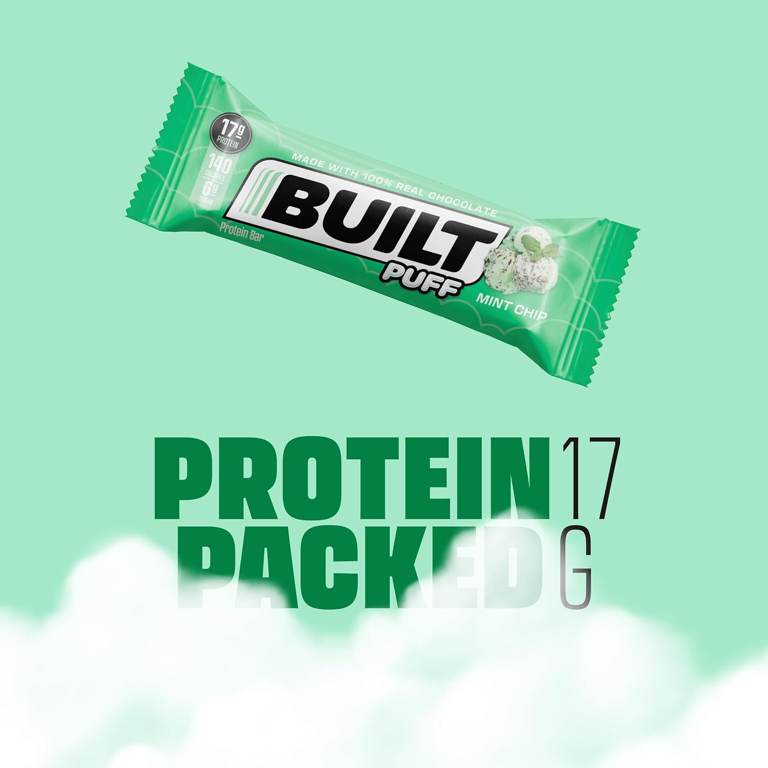 BUILT Protein Bars, Mint Chip Puff, 12 bars, Protein Snacks with 17g of High Protein, Collagen, Gluten Free Chocolate Protein Bar with only 140 calories & 6g sugar, Perfect On The Go Protein Snack : Health & Household