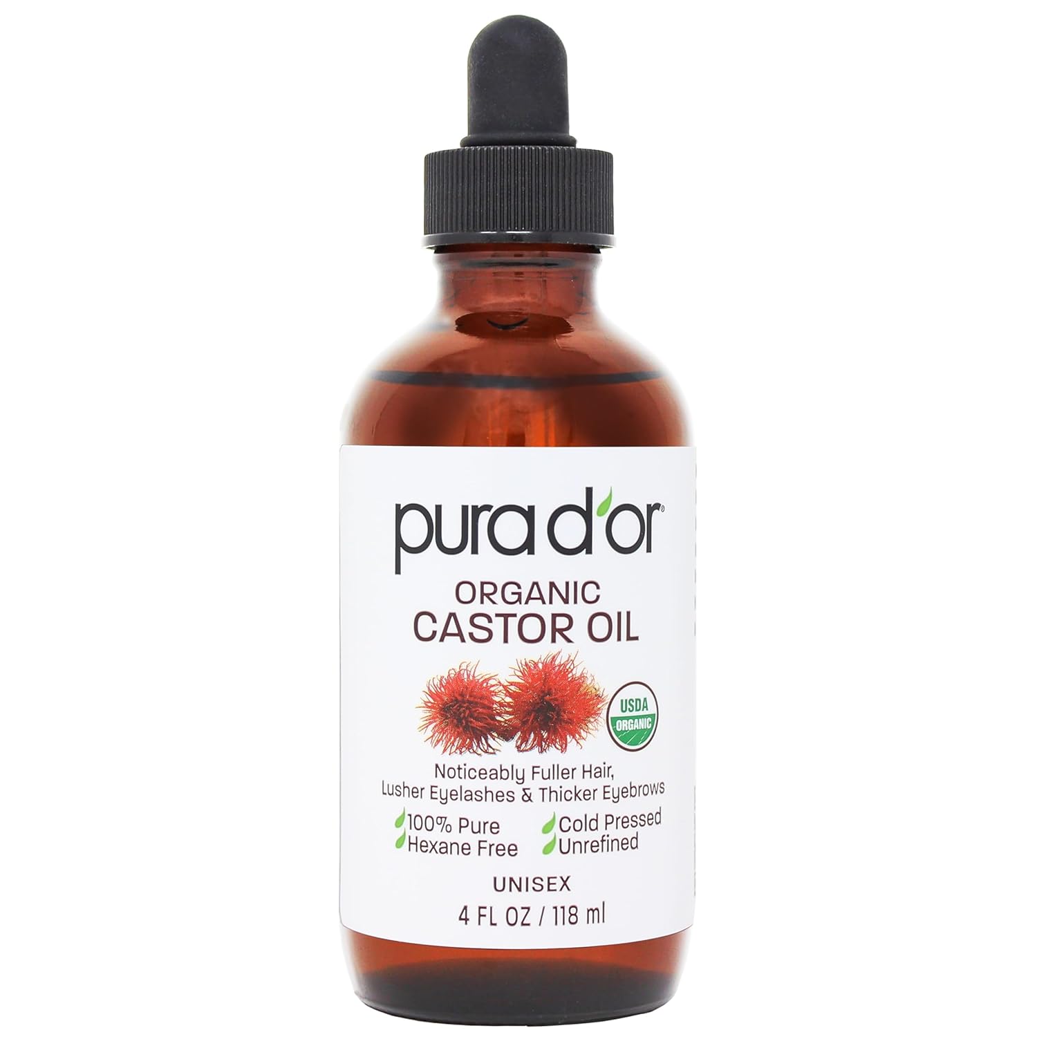 Pura D'Or 4 Oz Organic Castor Oil (2 Bonus Pre-Filled Eyelash & Eyebrow Brushes) 100% Pure, Cold Pressed, Hexane Free Serum For Fuller, Thicker Lashes & Brows & Moisturizes Skin