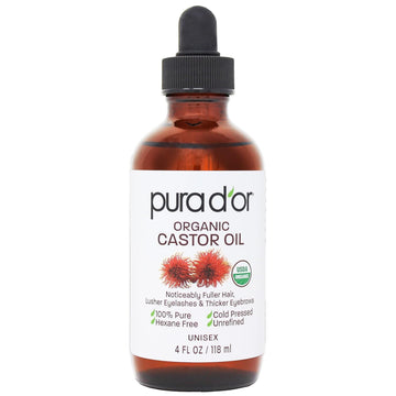 Pura D'Or 4 Oz Organic Castor Oil (2 Bonus Pre-Filled Eyelash & Eyebrow Brushes) 100% Pure, Cold Pressed, Hexane Free Serum For Fuller, Thicker Lashes & Brows & Moisturizes Skin