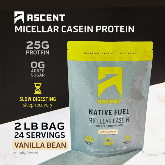 Ascent Casein Protein Powder - 25g Micellar Casein Powder with Zero Artificial Flavors & Sweeteners, Gluten-Free, No Added Sugar, 4.9g BCAA, 2.2g Leucine - Vanilla Bean, 2 Pounds