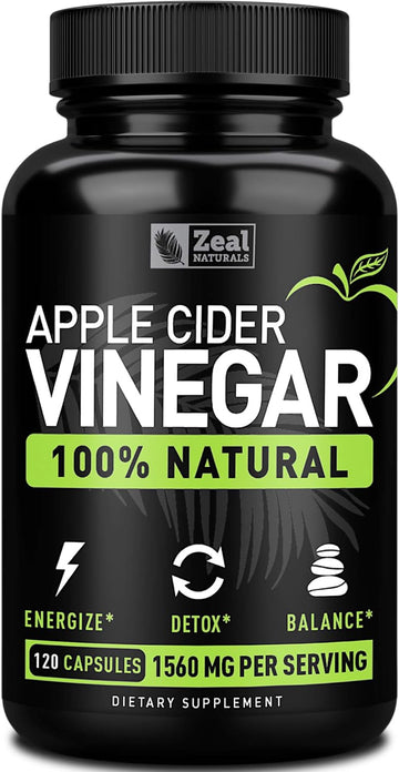 Zeal Naturals Natural Raw Apple Cider Vinegar Capsules (1560Mg|120 Capsules) Apple Cider Vinegar Pills W Cayenne Pepper, Cleanse, Appetite Suppressant & Digestive Support