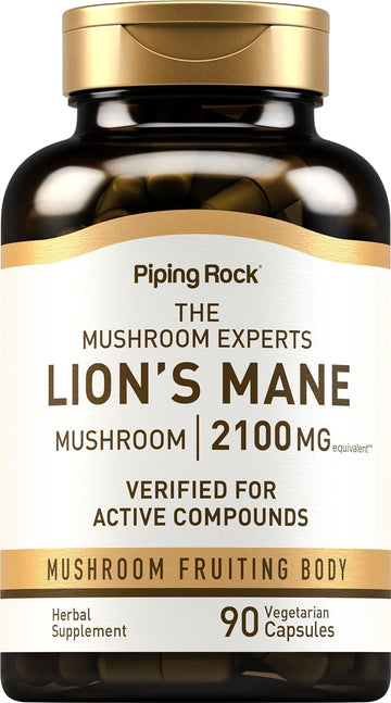 Piping Rock Lions Mane Supplement Capsules | 2100mg | 90 Count | Mushroom Herbal Extract | Hericium Erinaceus | Vegetarian, Non-GMO, Gluten Free