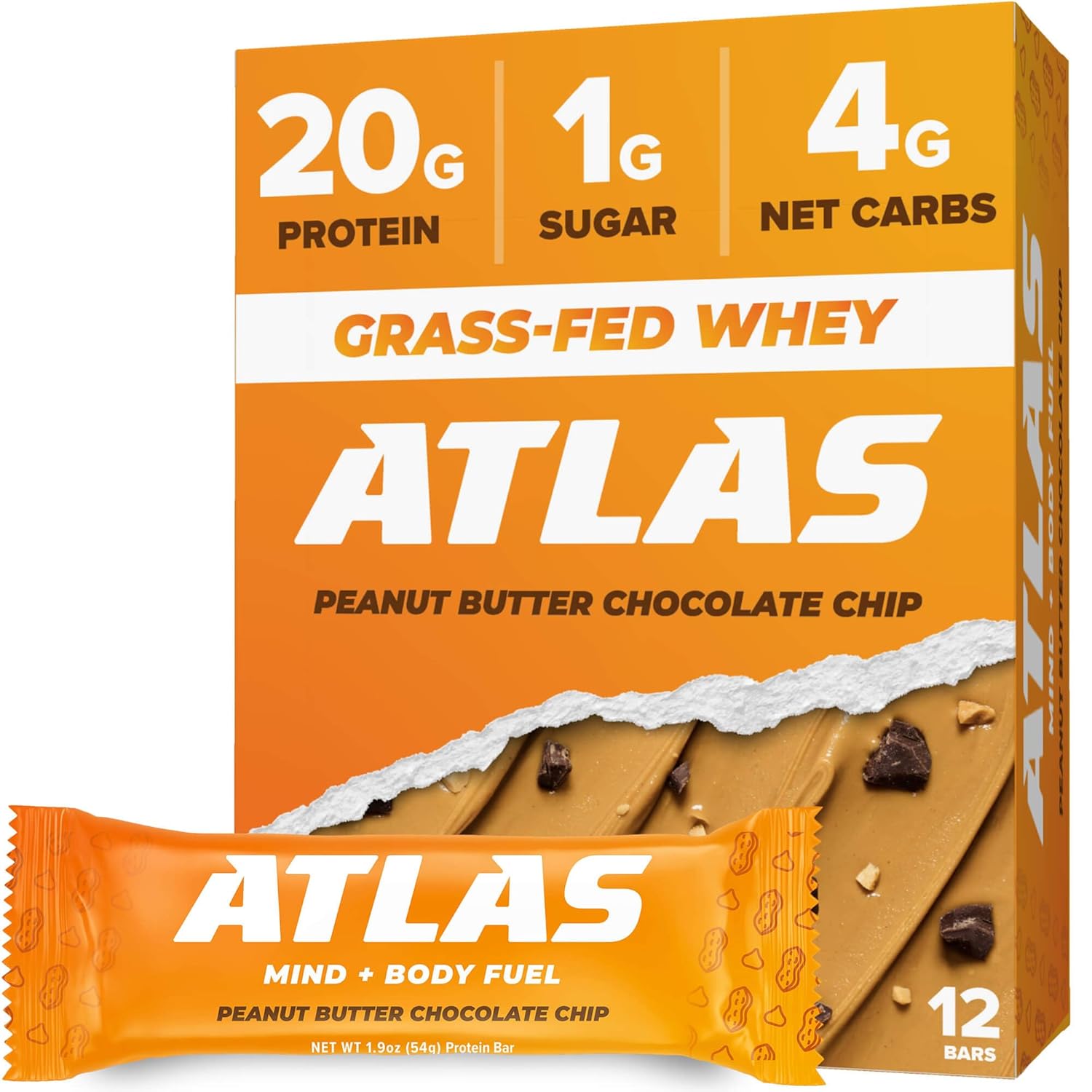 Atlas Protein Bar, 20G Protein, 1G Sugar, Clean Ingredients, Gluten Free (Peanut Butter Chocolate Chip, 12 Count (Pack Of 1))