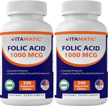 Vitamatic Folic Acid 1000 mcg (1 mg) - Vegetarian Tablets - 1667 mcg DFE - Vitamin B9 (240 Count (Pack of 2))
