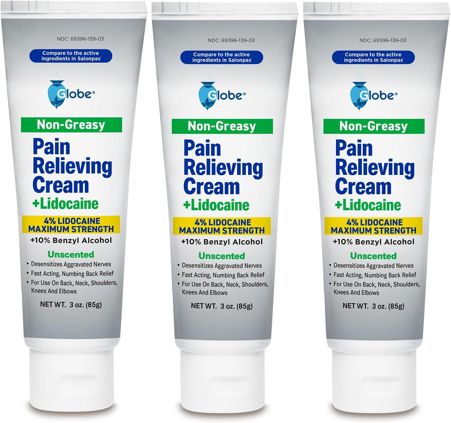 Globe Lidocaine 4% + Pain Relieving Cream, Fast Acting, Numbing Relief, Unscented, Compare To The Brand Name Lidocaine Plus Pain Relieving Cream. (3 Oz Tubes X 3) (Total 9 Oz)