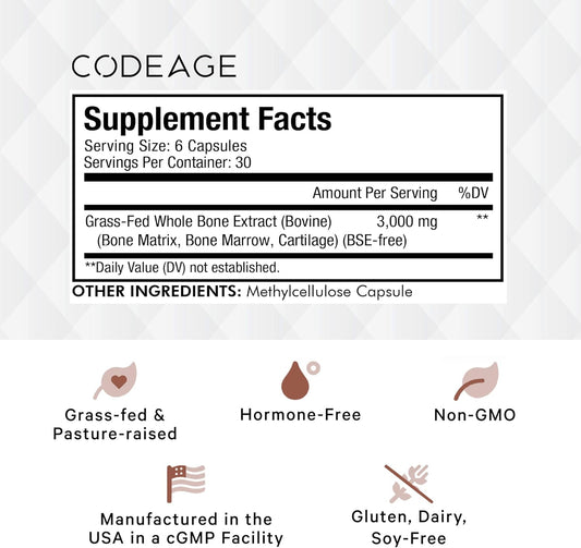 Codeage Grass Fed Bone Marrow Supplement - Freeze Dried, Non-Defatted, & Desiccated Beef Bone Marrow Pills - Raw Whole Bone Marrow, Bone Matrix, Cartilage - 3000Mg Per Serving - 180 Capsules