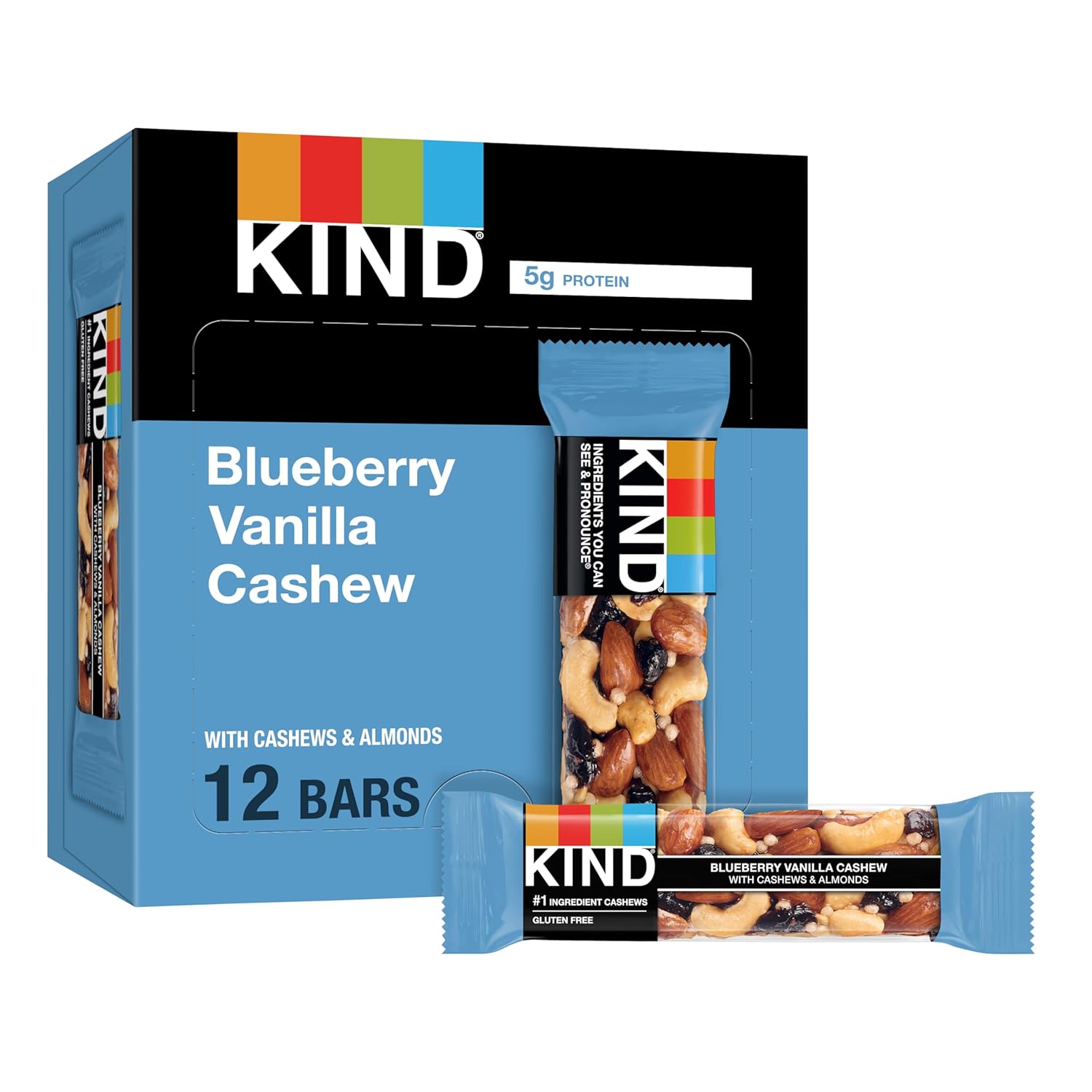 Kind Bars, Blueberry Vanilla Cashew, Healthy Snacks, Gluten Free, 5G Protein, 12 Count